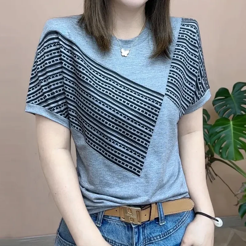 

Fashion O-Neck Spliced Printed Casual T-Shirts Women's Clothing Spring Summer New Loose All-match Tops Korean Tee Shirt