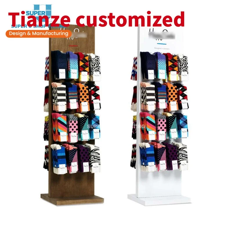 (customized)Custom Wood Socks Display Stands up Flooringstand Two Side Sock Display Stand with Hook MDF Veneer Solid Socks S