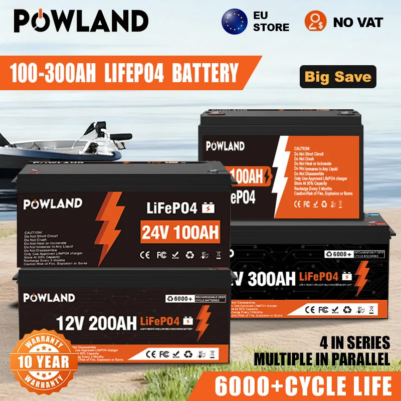 LiFePO4 Battery 24V 100Ah 12V 200Ah 300Ah 200A BMS 25.6V 6000+ Cycles Grade A Cells Parallel For RV Boat Solar EU Fast Delivery