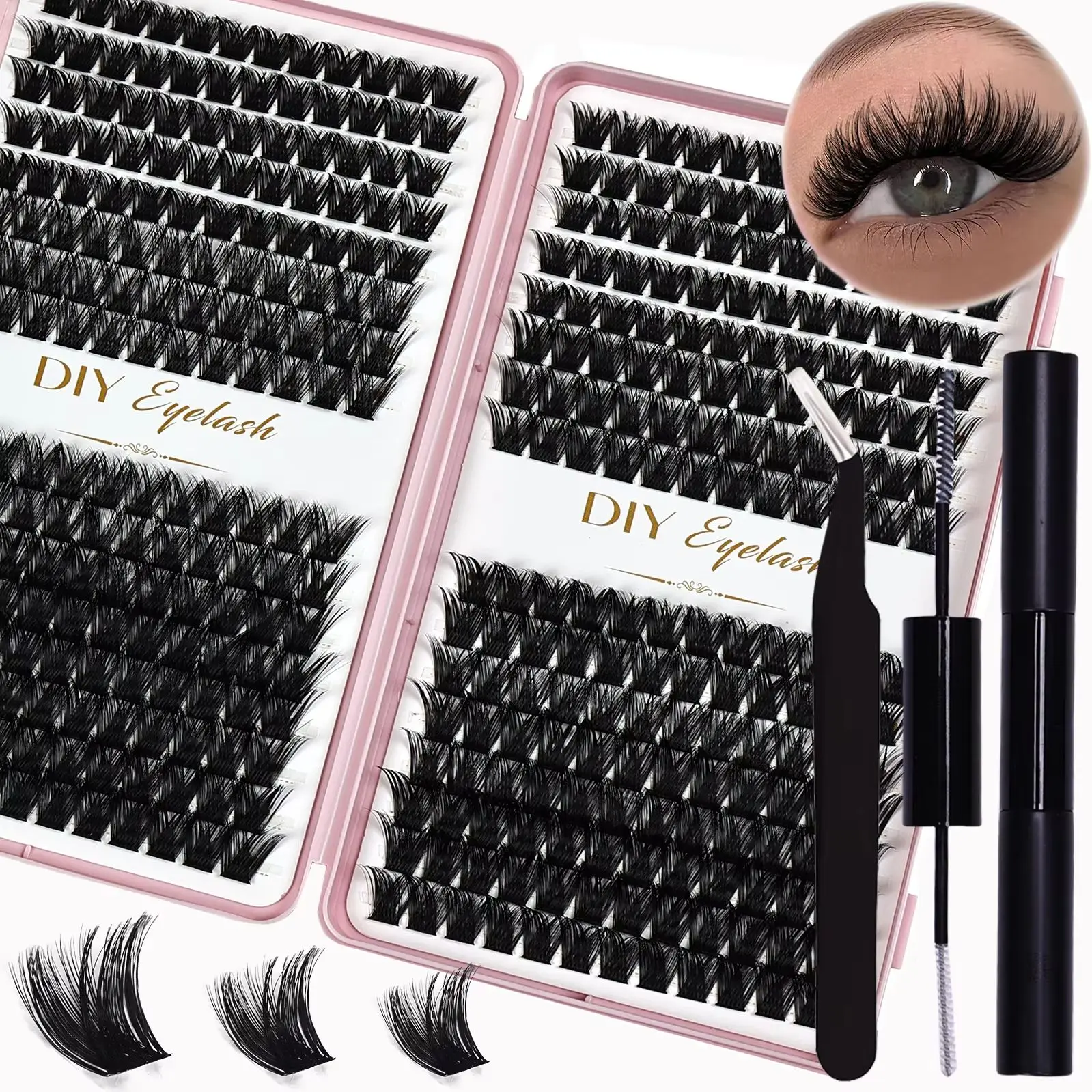 384-teiliges D-Curl Wimpernverlängerungs-Set mit Cluster-Wimpern, Kleber und Versiegelungsmittel für den Heimgebrauch, inklusive Wimpernpinzette