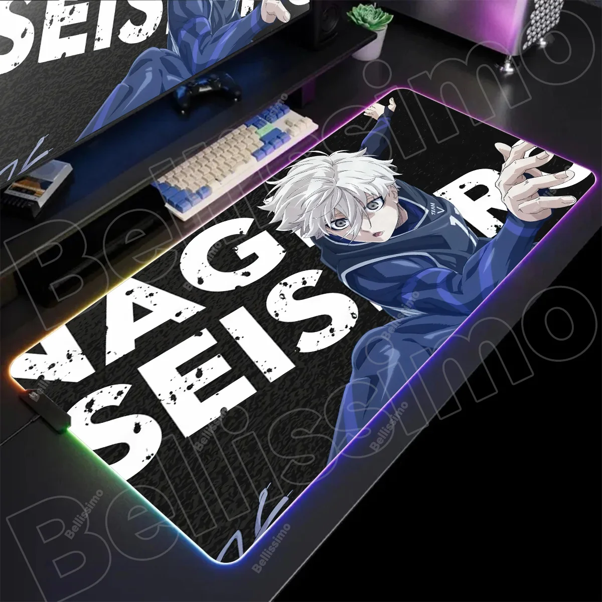 

Коврик для мыши RGB с синим замком, японский аниме-геймер, компьютерный коврик для мыши, ПК, светодиодные игровые аксессуары, нескользящий коврик для клавиатуры, светящийся настольный коврик