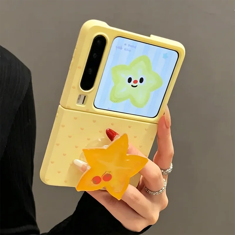 Cute Yellow 3D Shaking Star Fruit Stand PC Phone Case For Samsung Galaxy Z Flip7 Z Flip6 Z Flip5 / Xiaomi Mix Flip Cover Kawaii