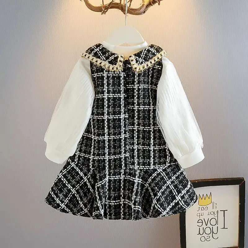 Spring Autumn Toddler Girl 2PCS Clothes Set Cotton Tulle Long Sleeve Undershirt Turn Down Collar Plaid Sundress Baby Girl Outfit