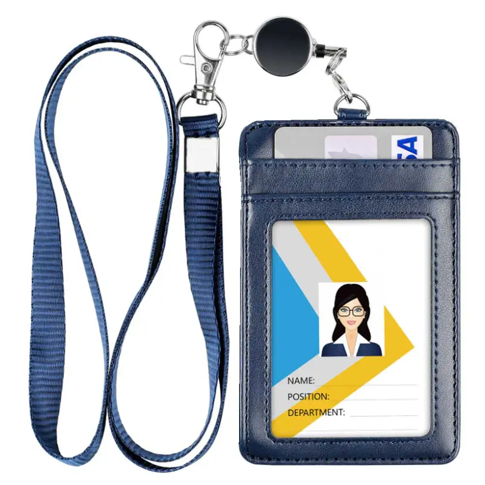 PU Leather Badge Holder with Adjustable Retractable Lanyards, Quick Release Buckle and Safety Breakaway Lanyards