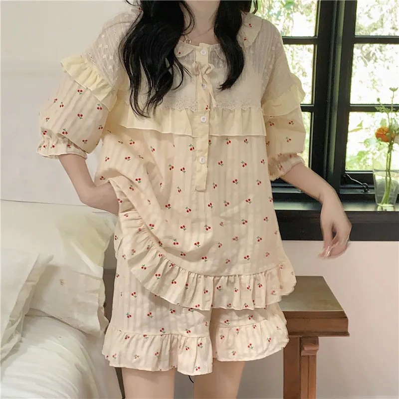 

Cherry Montage Home Print Short Sleeve Kawaii NightDress Lace Court style Pajamas Set Women Elegant Casual Two Piece Set