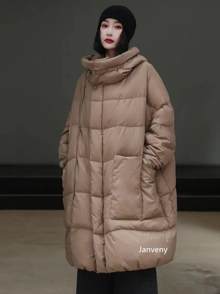 Janveny فضفاض طويل سترة منفوخة الشتاء النساء الثلوج رقيق ريشة الدافئة أبلى مقنعين 90% بطة أسفل معطف سترة سميكة JJ1127