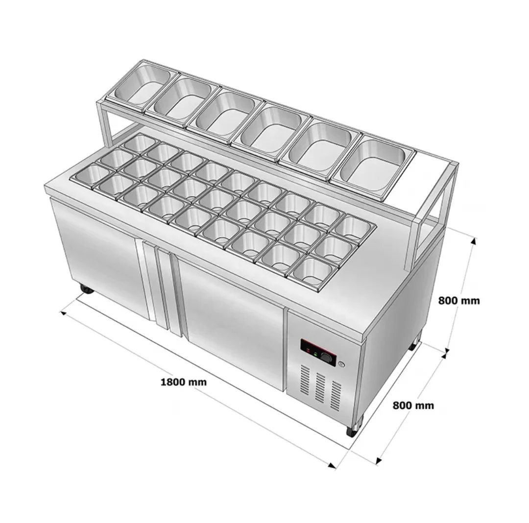 1.8m Salad Table with Shelf and Several POTS of Slotted Fresh-keeping Table Refrigerated Side Dishes Refrigerator