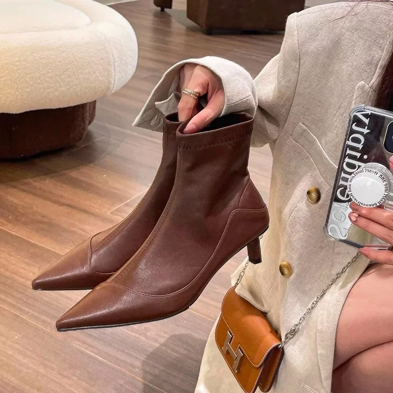 

New Style Spring Pointed Toe Women Modern Ankle Boots Fashion Soft Leather Short Booties Concise High Heels Shoes Zapatos Mujer