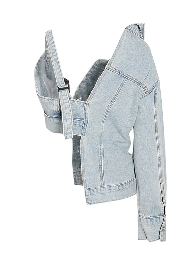 Twotwinstyle Effen Asymmetrische Denim Jas Voor Dames Revers Één Schoudermouw Patchwork Knoop Chique Jassen Dames Mode Nieuw