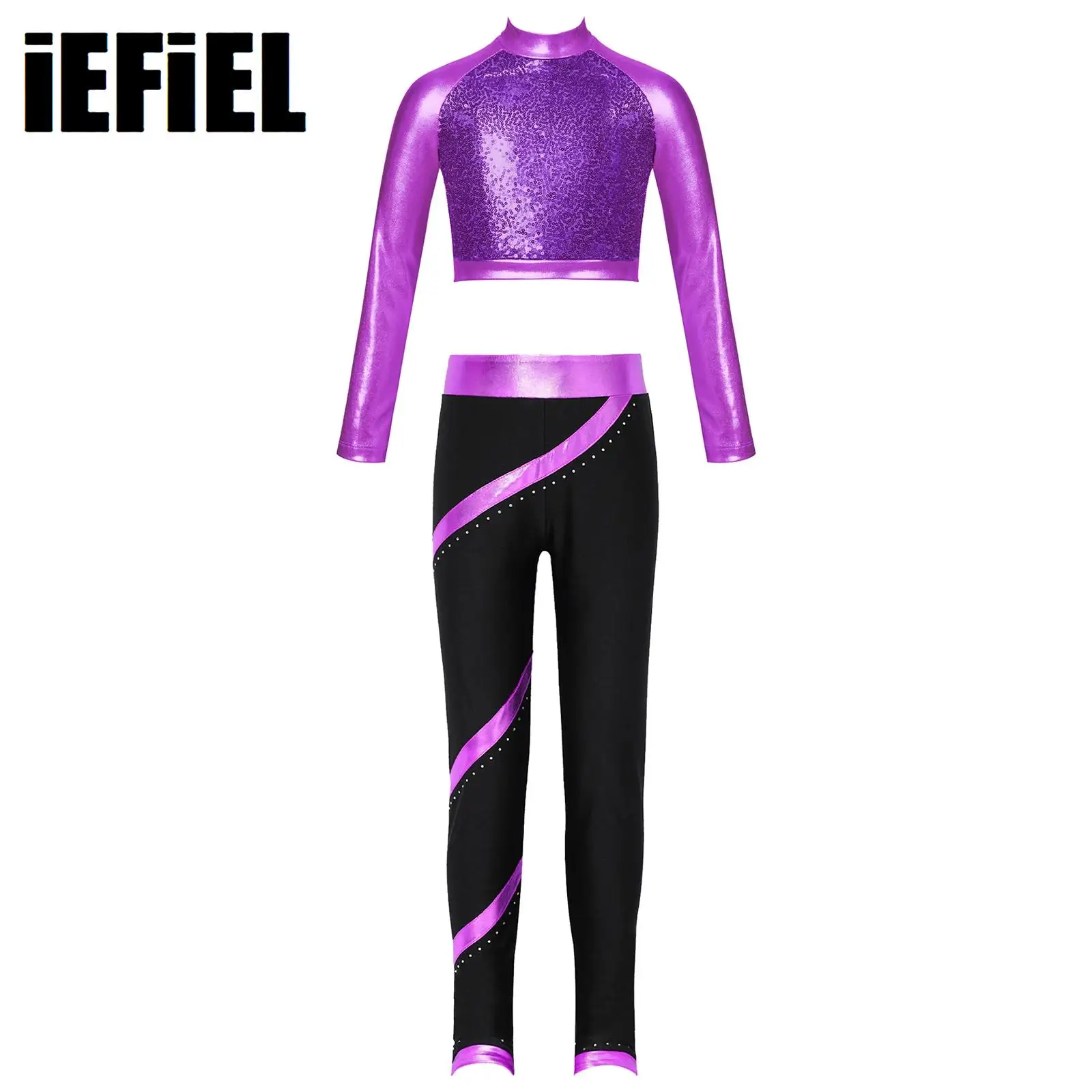 

Kids Girls Figure Skating Dance Sets Mock Neck Long Sleeve Sequin Shiny Crop Top with Metallic Striped Pants