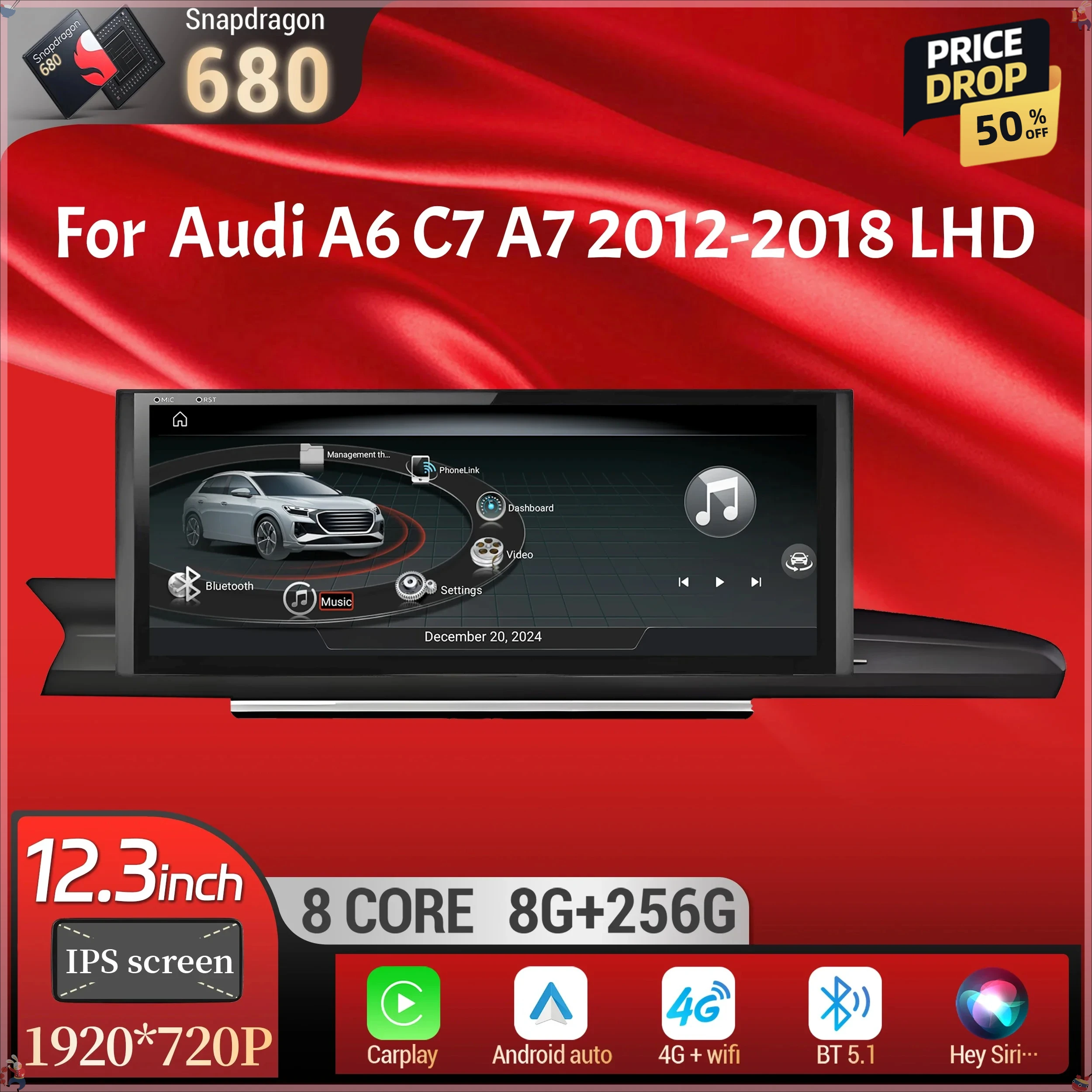 12.3 inch For Audi A6 C7 A7 2012-2018 Left Hand Drive Android 14 Car Radio Wireless Carplay Qualcomm Snapdragon 680 Touch Screen