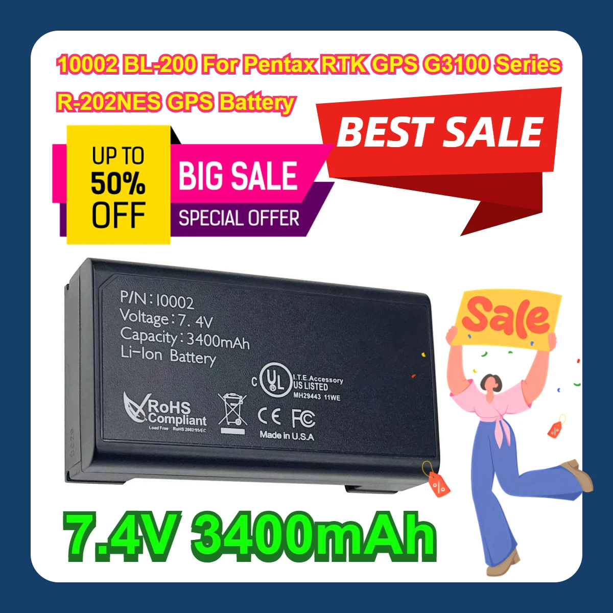 10002 BL-200 For Pentax RTK GPS G3100 Series R-202NES GPS 7.4V 3400mAh Battery