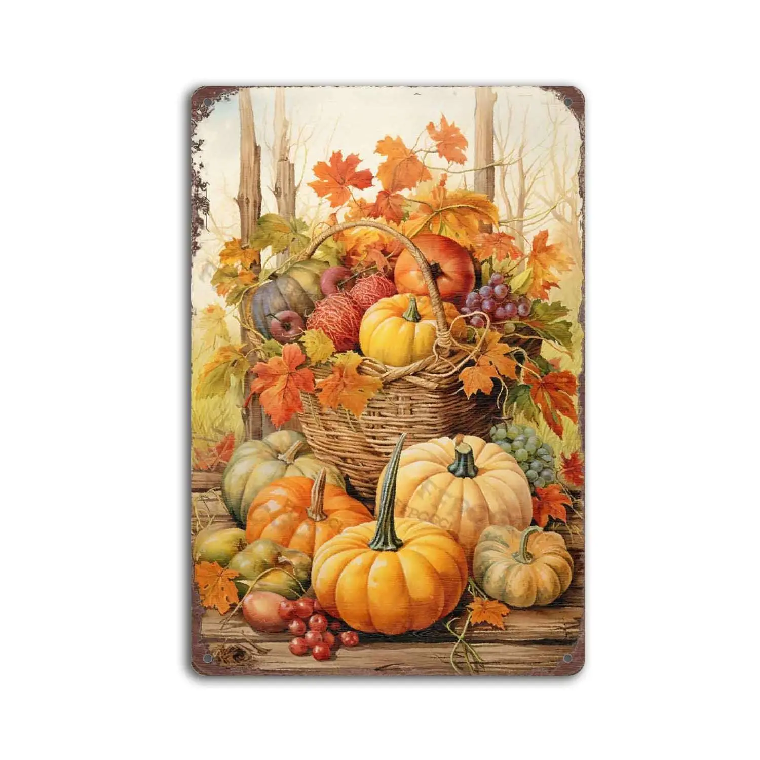 Metal Tin Sign Harvest Bouquet Pumpkins Gourds Fall Decoration Autumn Thanksgiving Retro Tin Sign For Home Decor Vintage Decor H