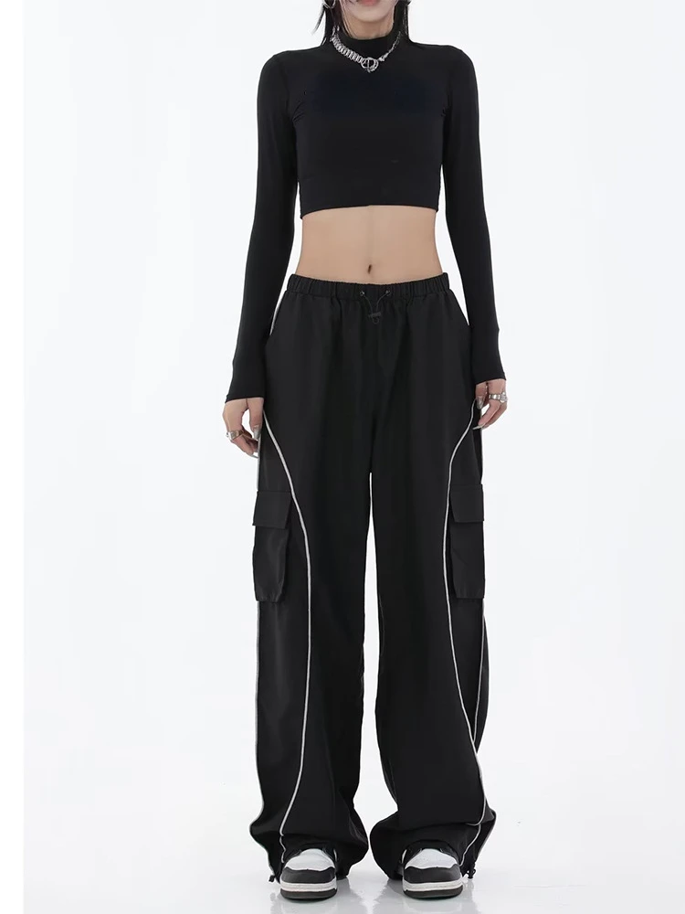 

Y2K Kpop Cargo Pant Women Drawstring Pockets Wide Leg Chic Punk Pants Baggy Striped Sports Sweatpants Parachute Jogger Trousers