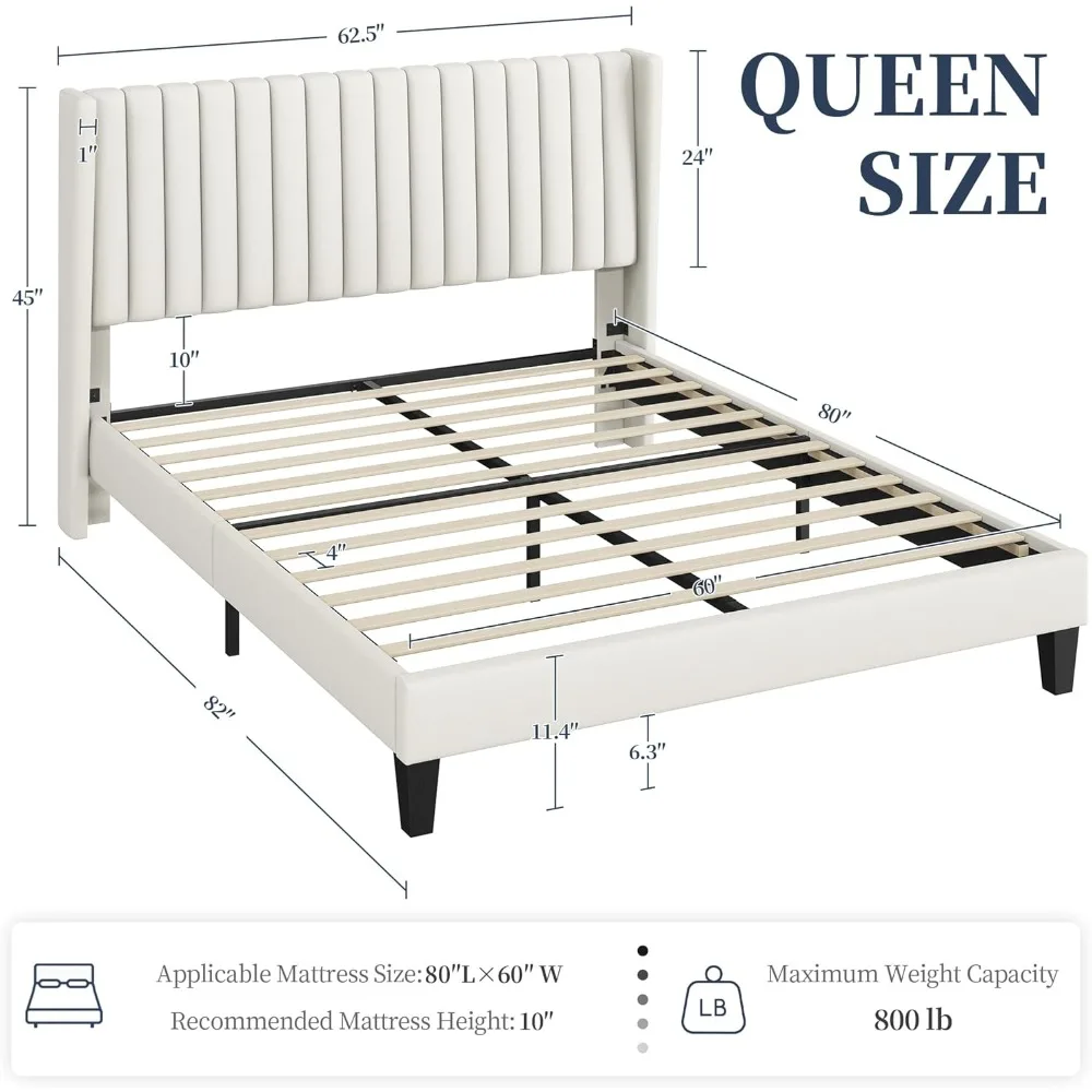 Queen Bed Frame Upholstered Platform Bed with Fabric Headboard, Wing Edge Design/Non-Slip and Noise-Free/Wooden Slats Support