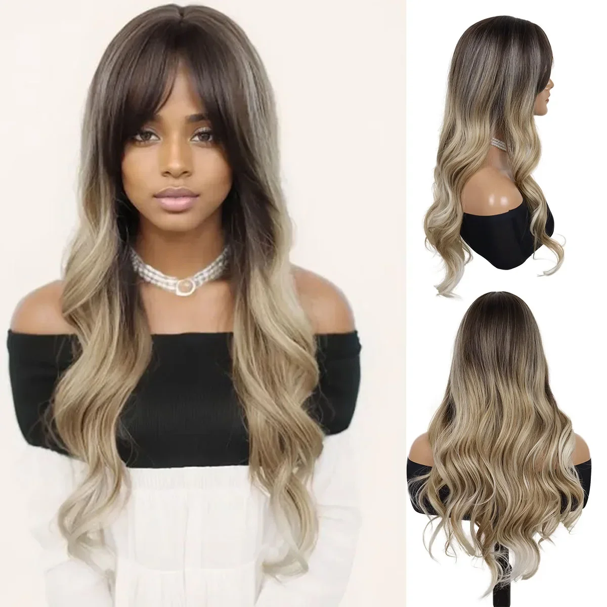 Synthetic Long Wavy Wigs for Women Natural Hairstyle Drag Queen Wig with Bangs Gradient Blonde Ombre Wigs Brown Hair Full Wig