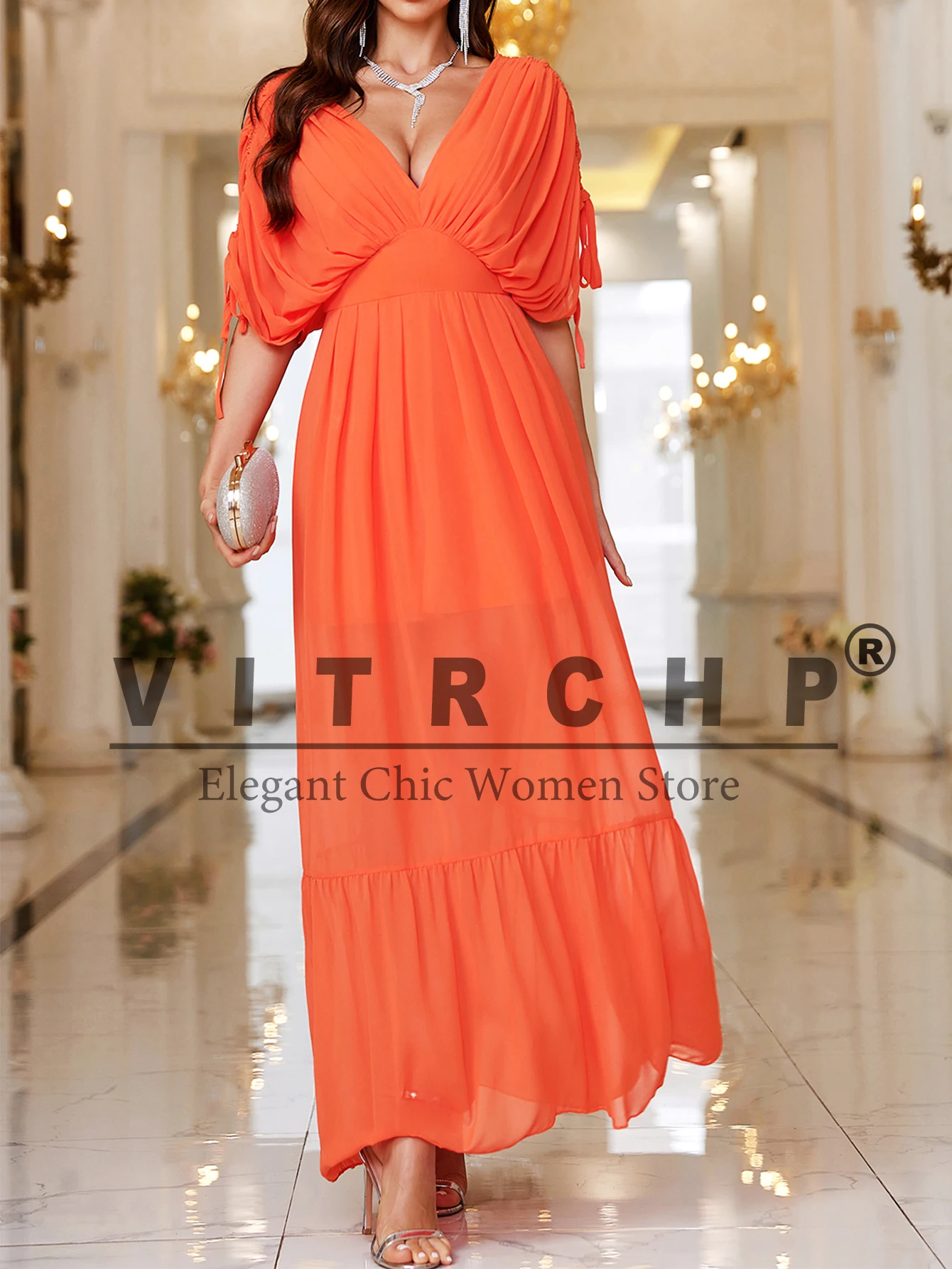 VITRCHP Orange Evening Wedding Party Dresses V-Neck Sexy Tulle Long Dress For Dancing Parties Prom Gown Summer Beach Vestidos