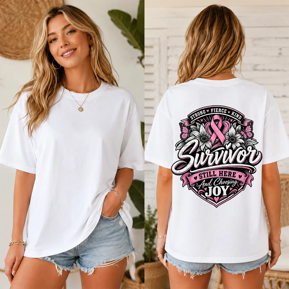 Breast Cancer Survivor T Shirt Pink Ribbon Back Print Graphic Tees White Loose Cotton Short Sleeve Tops Women Warrior