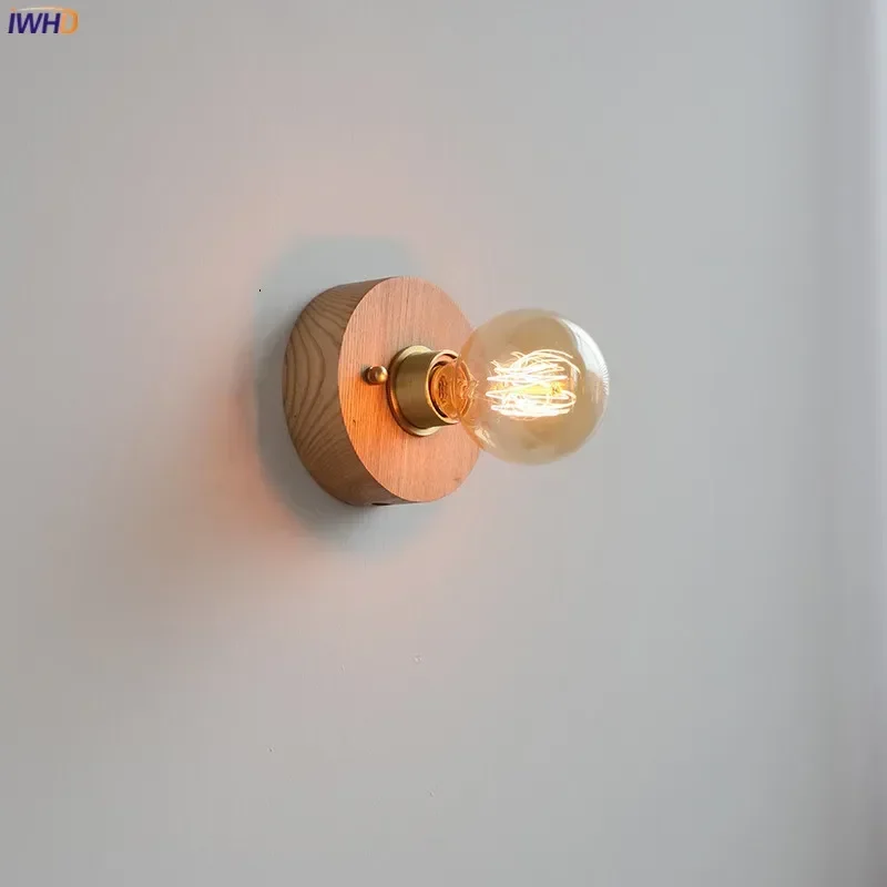 

IWHD Round Ash Wood LED Wall Lamp Sconce Copper Socket Bedroom Living Room Beisde Mirror Stair Light Nordic Modern Wandlamp