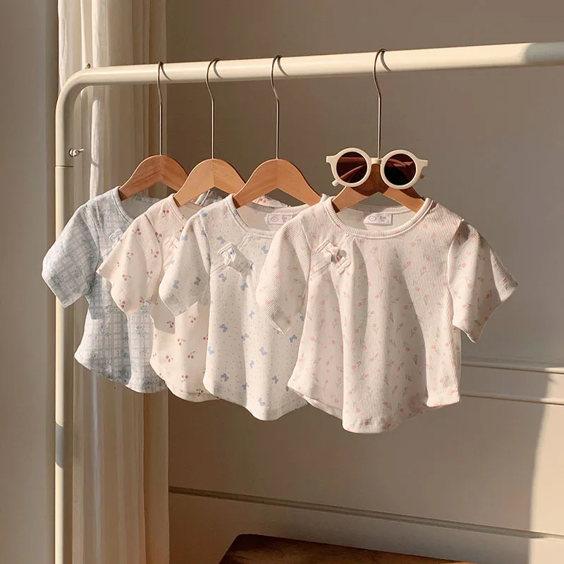 

Summer Children Girls Short Sleeves Cotton Print Bow Infant Baby Girl Tee Casual Thin Cool Kid Girl Top Soft Little Girl T-shirt