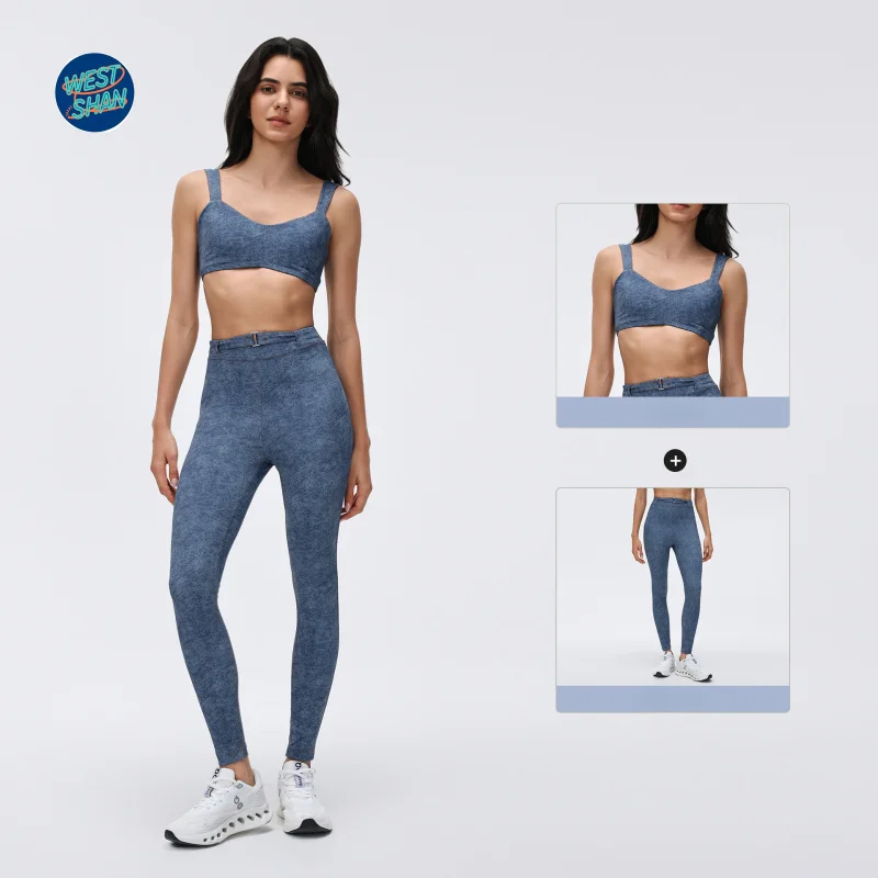 WESTSHAN Retro Denim Sports Bra High-Waisted Tight-Fitting Elastic Running Training Leggings Sports Yoga Outfit Set For Women