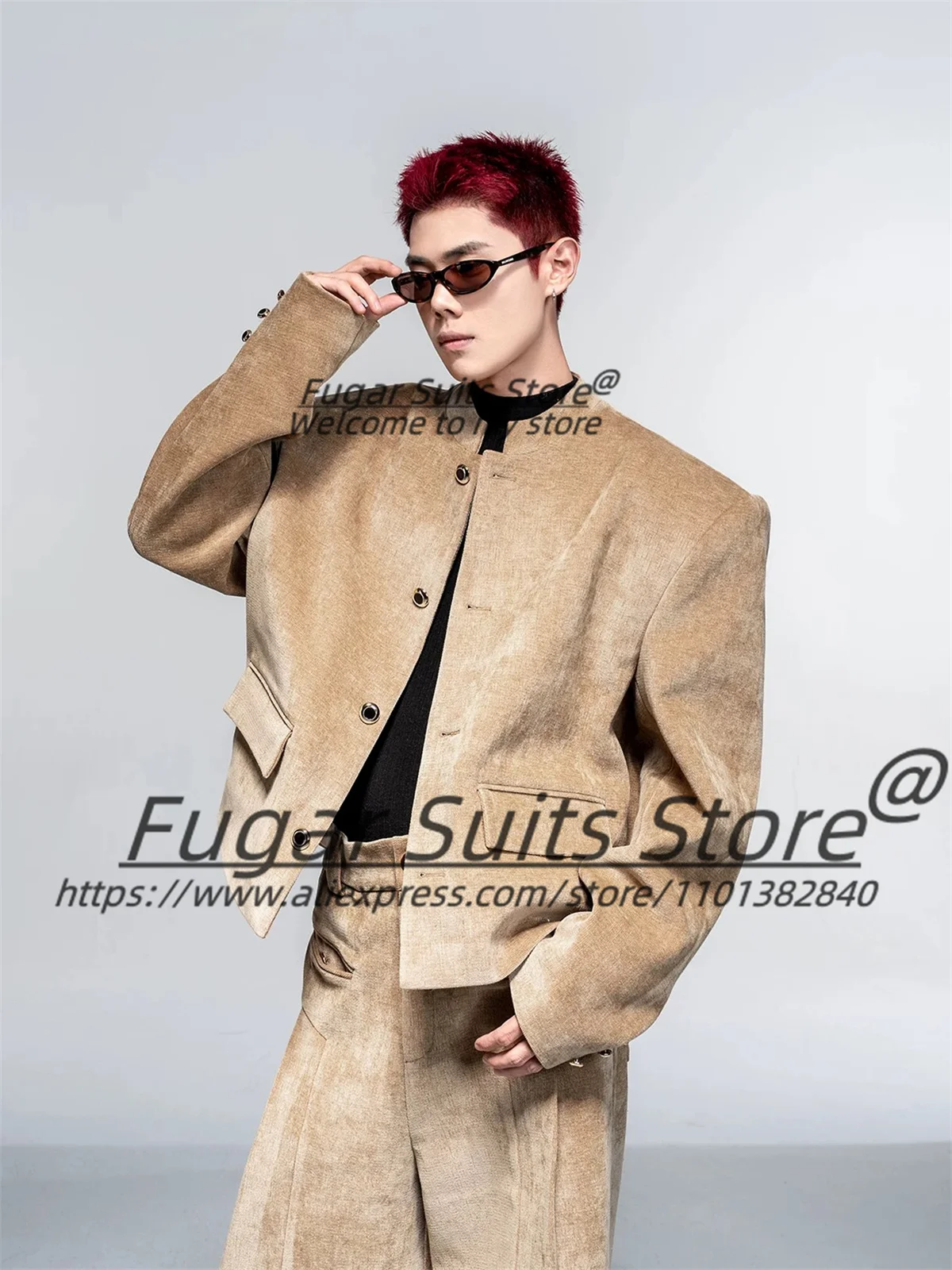 

Elegant Brown Men Suits Customized Slim Fit Stand Collar Groom Wedding Tuxedos 2 Pieces Sets Male Prom Blazers Costume Homme