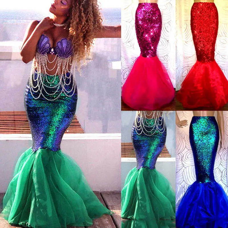 

Women Adult Sequins Mermaid Long Tail Skirt Party Maxi Fancy Dress with Asymmetric Mesh Panel Halloween Cosplay Costume