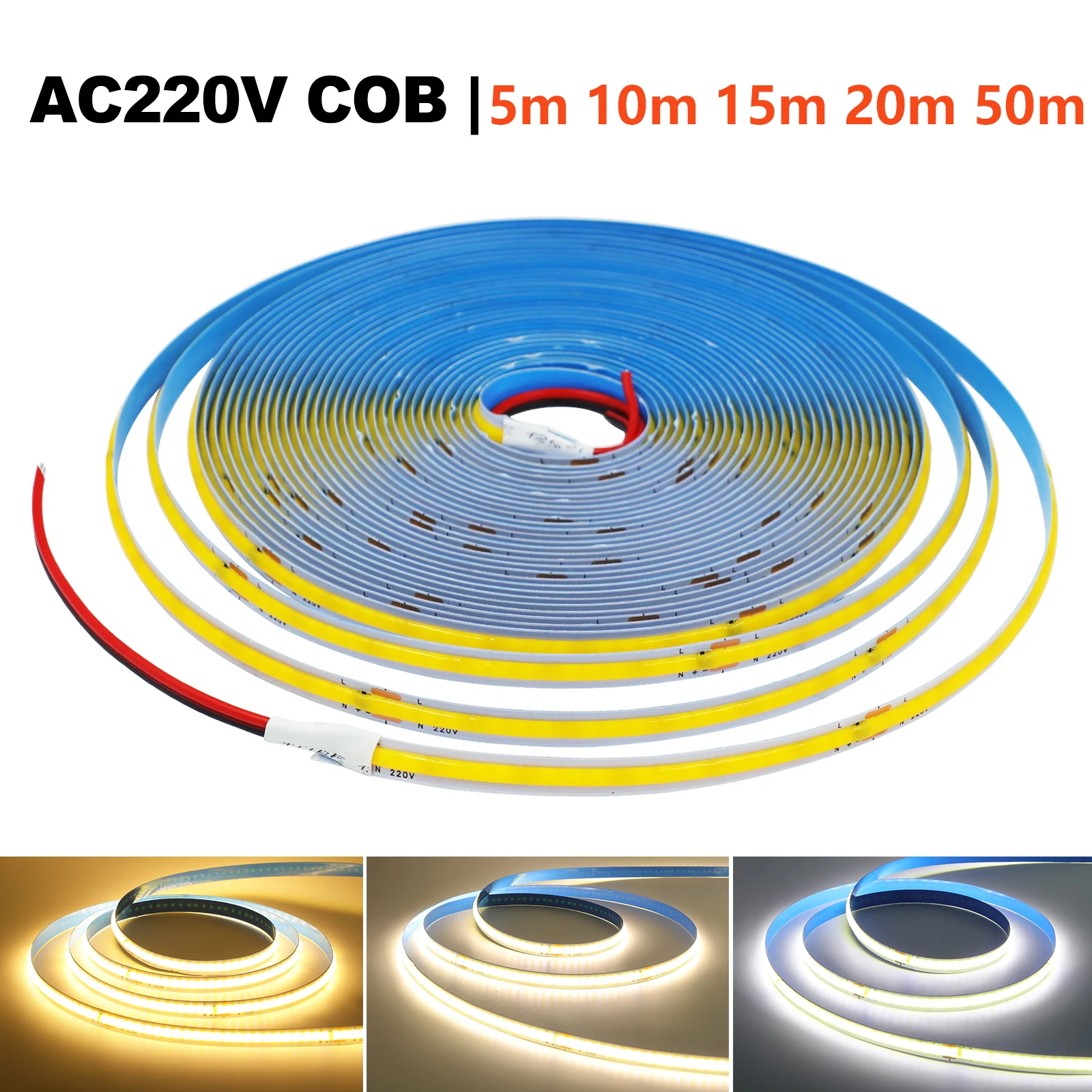 5M 10M 15M 20M 50M COB LED Strip 220V High Brightness 240LEDs/m Adhesive LED Light with IC Rectifier Flex Tape Linear Lighting