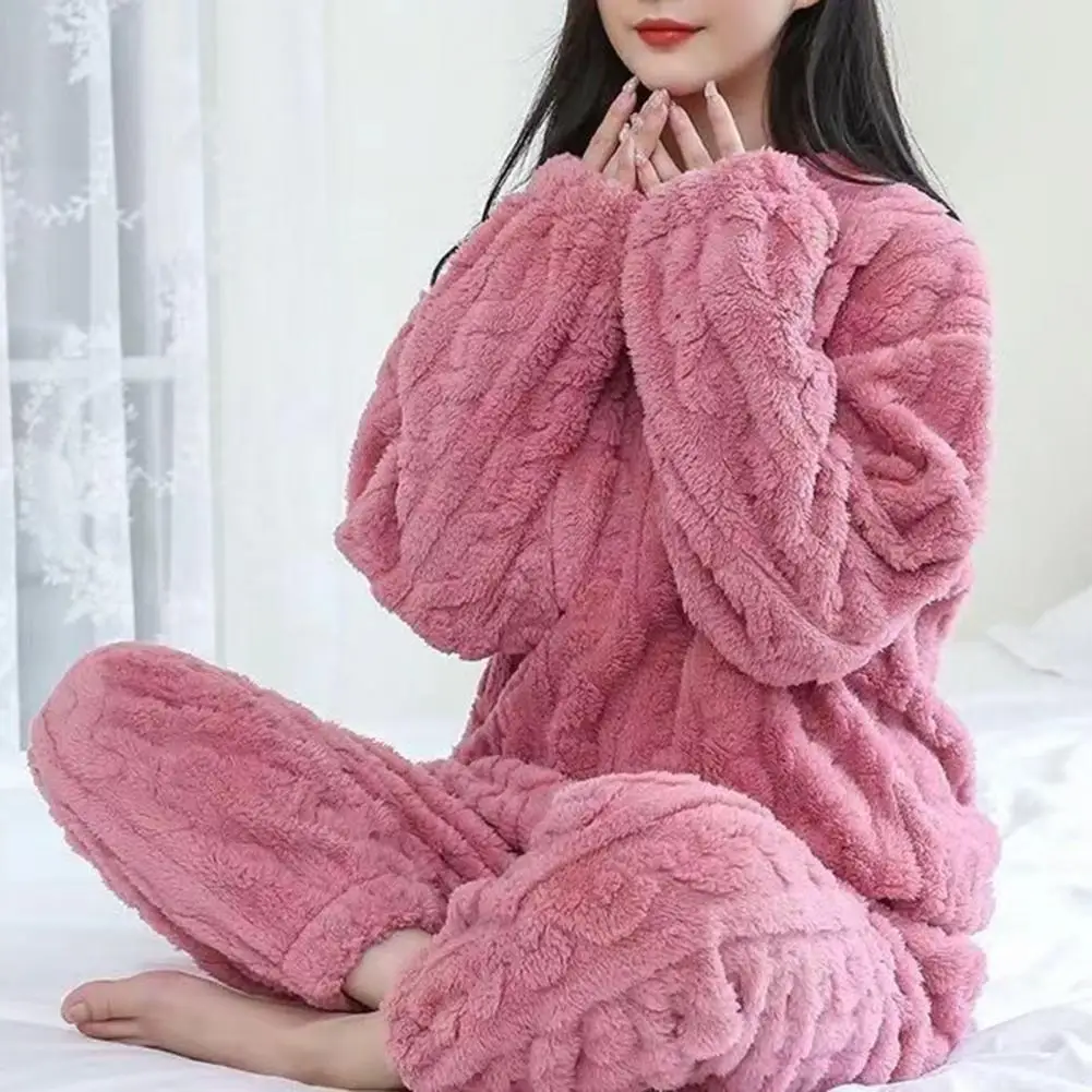 Conjunto de pijama de felpa para mujer, ropa de dormir de terciopelo grueso acanalado, conjunto de lana, Jersey y pantalones informales, 2023