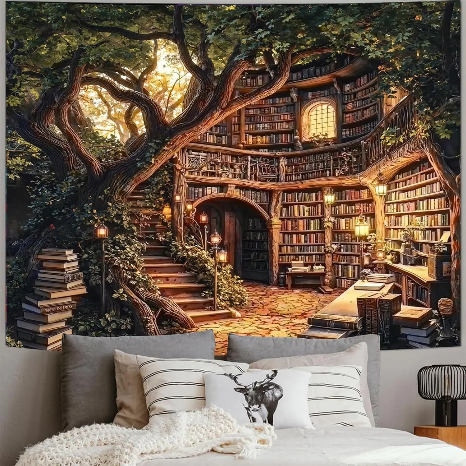 Forest Library Tapestry Tree Bookshelf Tapestry Fantasy Vintage Book Treehouse Tapestries Wall Hanging Decor for Bedroom Dorm