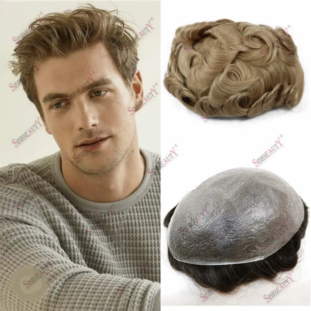 

22R# Blonde Brown Durable Ultra Thin Skin 0.02mm Natural Hairline Men's Toupee Human Hair Undetected Capillary Prosthesis System