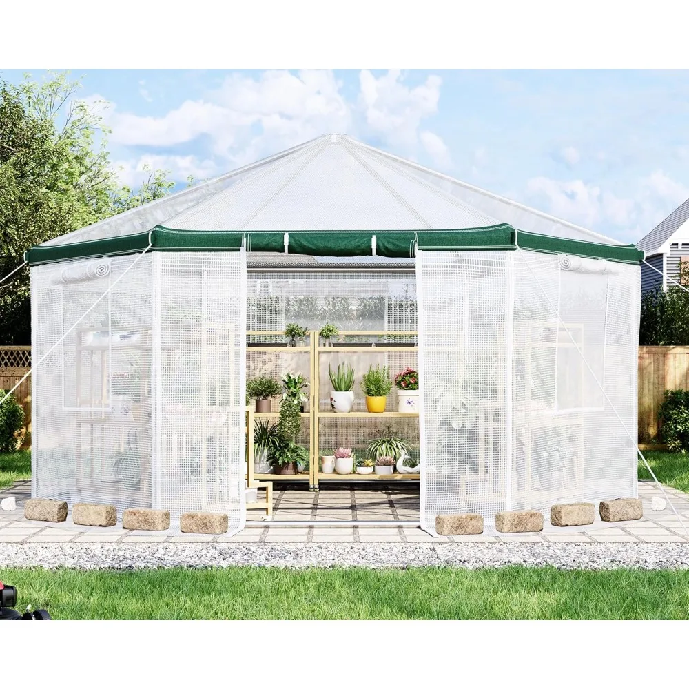 

13.5x13.5x9 ft hexagonal walk-in greenhouse for outdoors, heavy-duty greenhouse with windbreak ropes, waterproof pe cover, grou