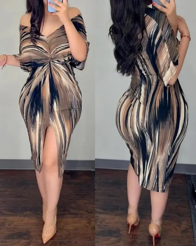 

Sexy Elegant Dresses Women Abstract Print Twist Decor Slit Bawing Sleeve Dress New Fashion 2024 Summer Casual Female Clothing