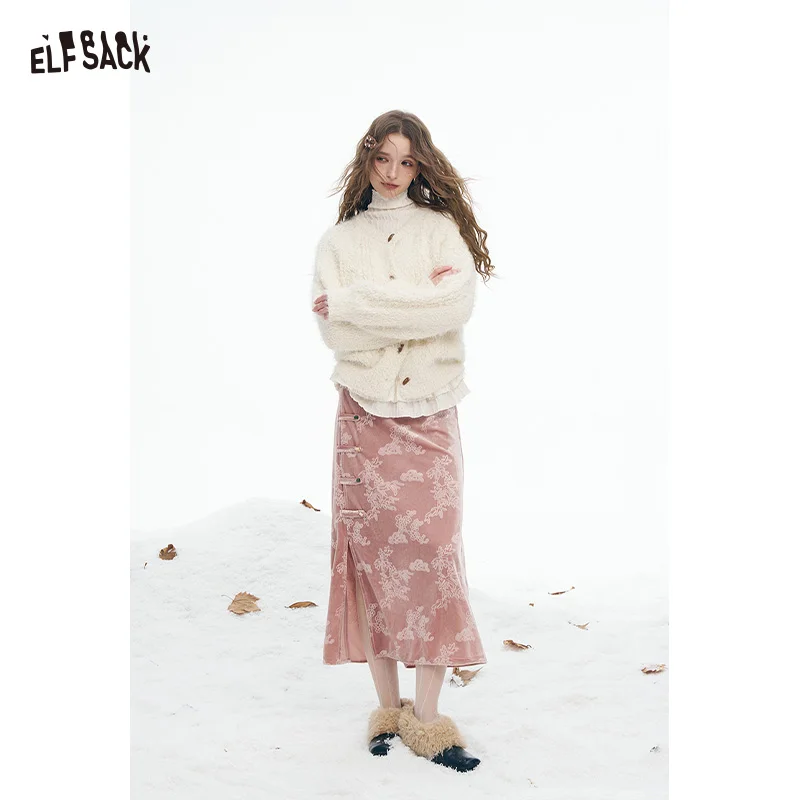 

ELFSACK новая бархатная юбка-миди в восточном стиле, осень-зима, трапециевидной формы, жаккардовые пуговицы в виде лягушки, элегантная мягкая женская юбка