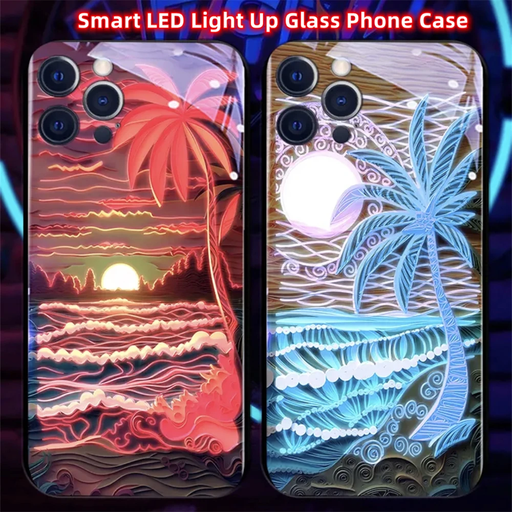 Pretty Moonlight Ocean Design Smart LED Light Glow Tempered Glass Phone Case For iPhone Air 17 16 15 14 13 12 11 Pro Max Plus view 6