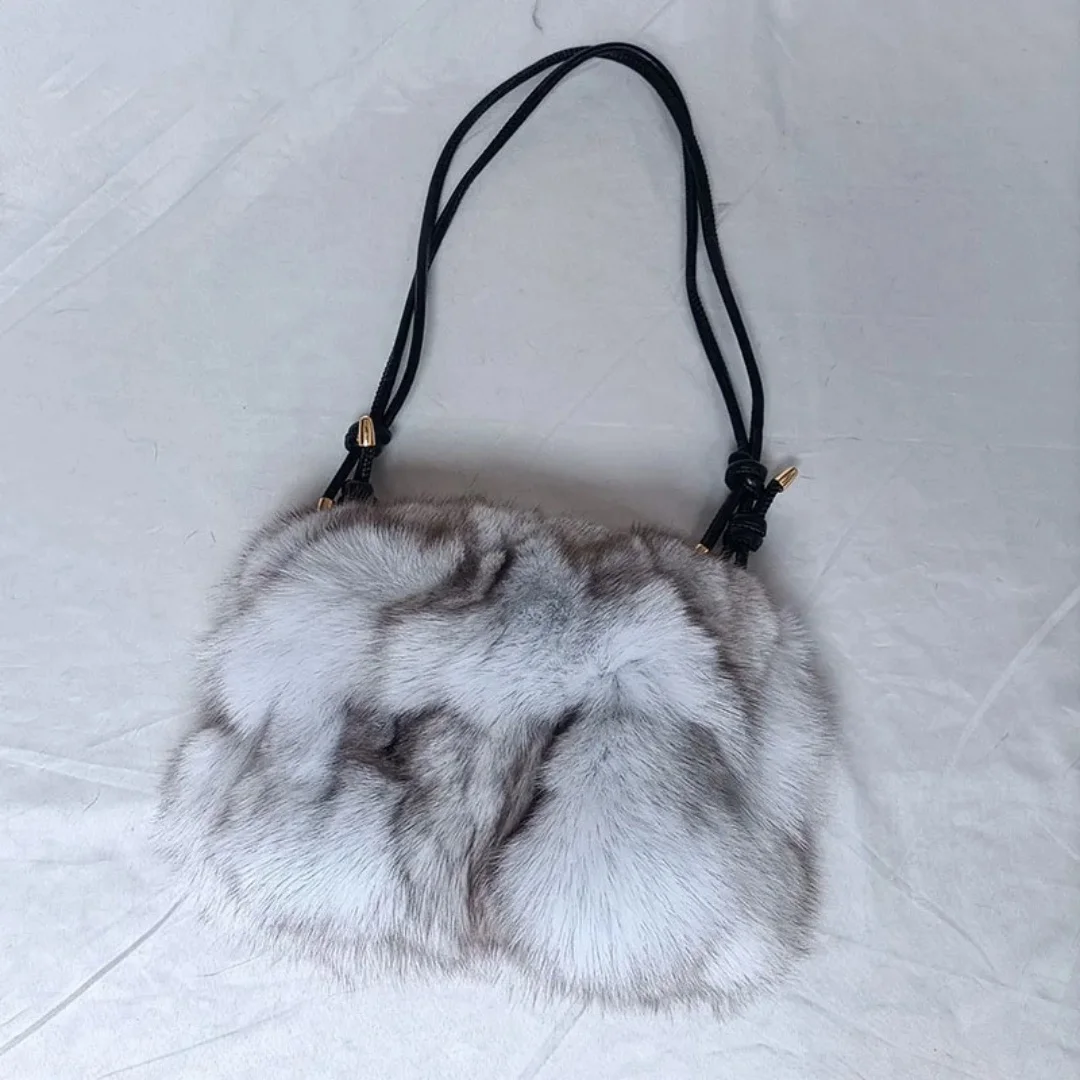 Genuine Fox Fur Crossbody Shoulder Bag Women Luxury Real Fur Leather Spliced Adjustable Strap Winter Fashion Small Casual Bag