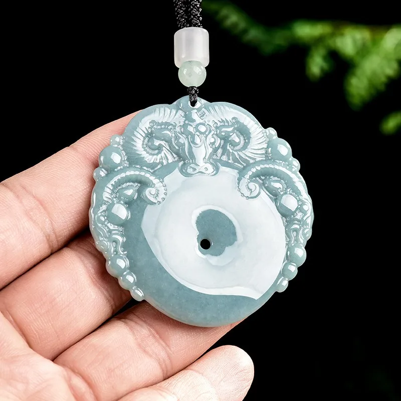 

TIMESWIND Natural A-type Jade Light Blue Three-Sheep Blessing Women Necklace with Certificate