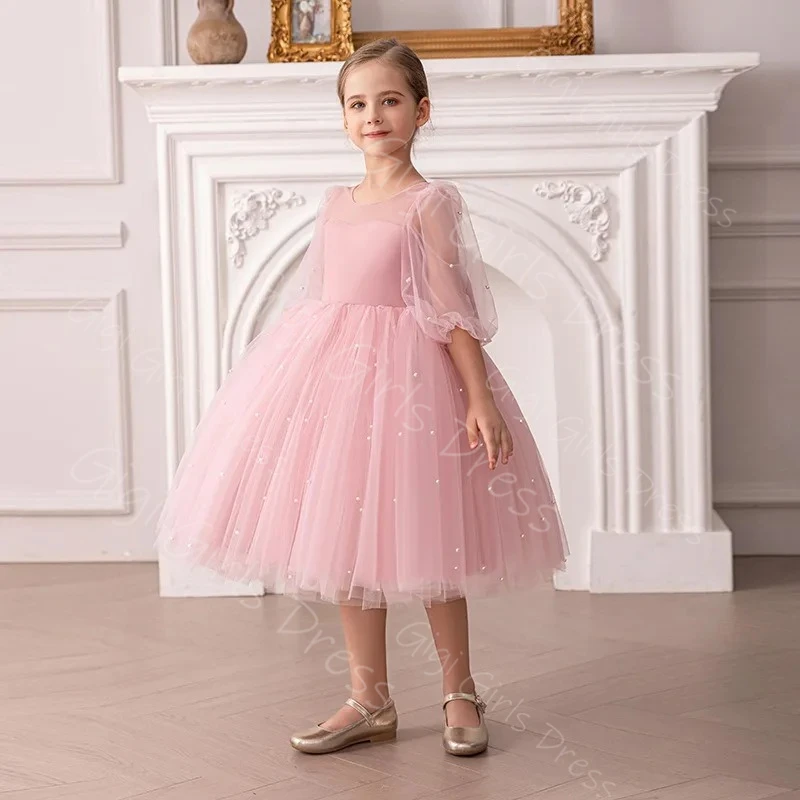 Vestido de princesa rosa polvoriento con flores para niña, vestido de fiesta de boda de tul hasta la rodilla, vestido de cumpleaños personalizado para niños con perlas