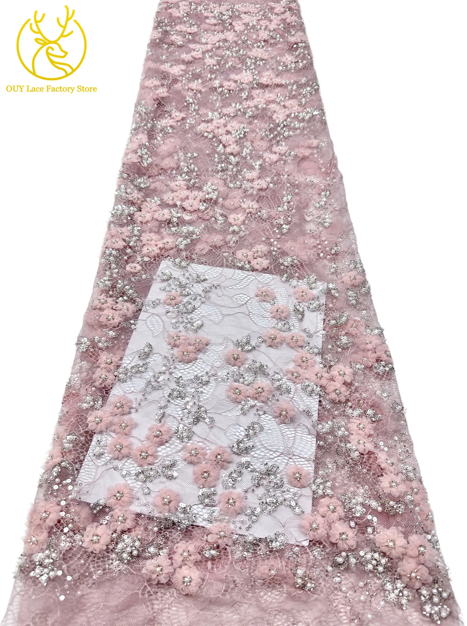 French Embroidery Small Plum Blossom Pearl Lace Fabric Exquisite Nigerian Beaded Sequins Lace Fabric For Wedding Dress Sewing