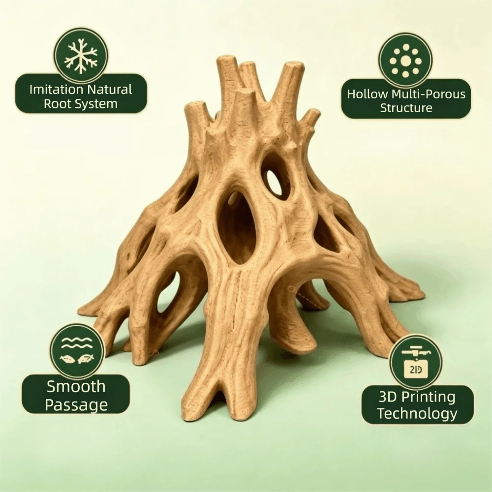 Tree Trunk Fish Shrimp Hiding Cave Plastic Unique Driftwood Landscape 3D Printed Multi-Hole Tree Root Caves