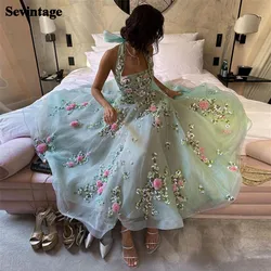 Customized Fairy Mint Green Formal Prom Gowns Halter Organza Flower Applique Ruched Floor Length Evening Party Dress Event Dress