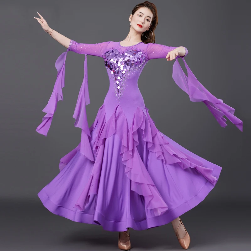 

2025 Modern Dance Ballroom Dance Performance Sequin Big Swing Long Sleeve Dress Competition Clothes Waltz Dance Dress DQL10868