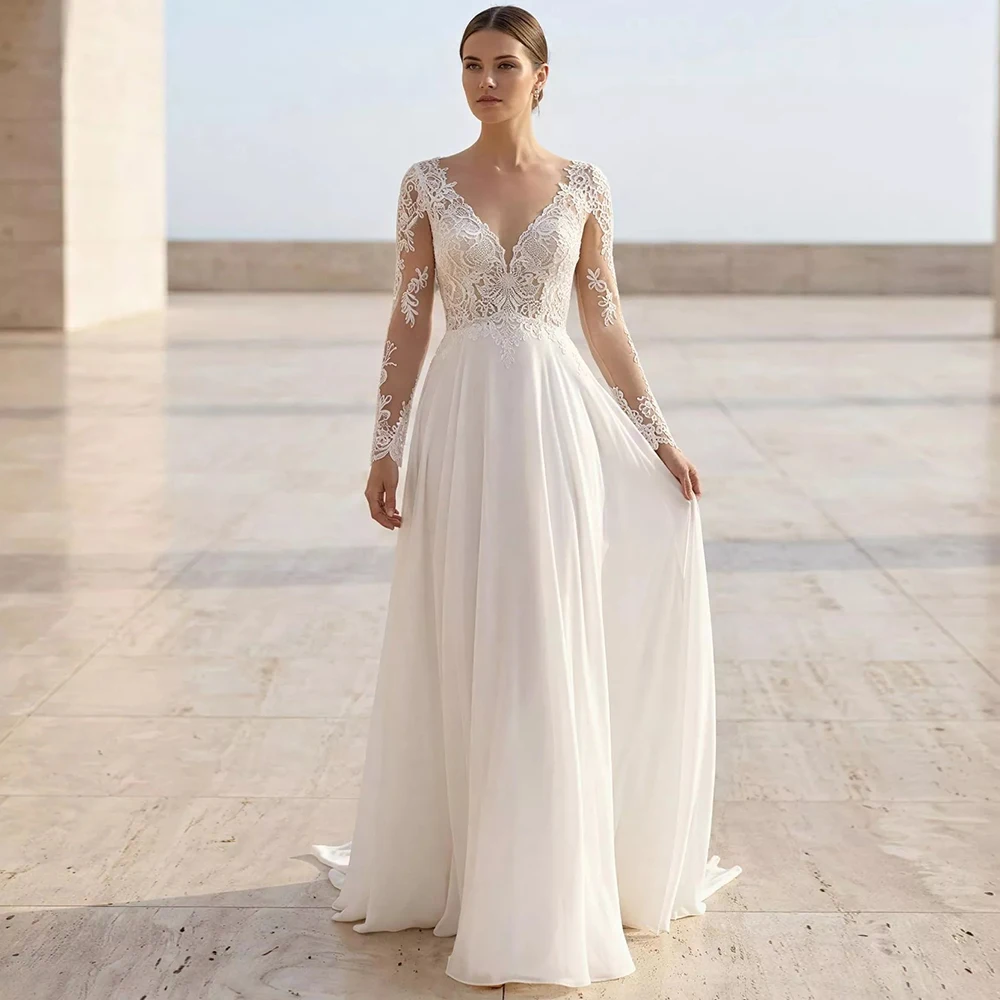 

Romantic Women A-Line Chiffon Wedding Dress with Appliques Long Sleeves Lace V-Neck Bridal Gowns Customized Vestido De Novia