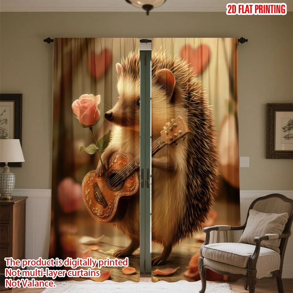 

2D flat printing 2pcs Scene Curtain Valentine's Hedgehog Serenade Digital Printed Polyester Drapes Birthday Party Perfect for
