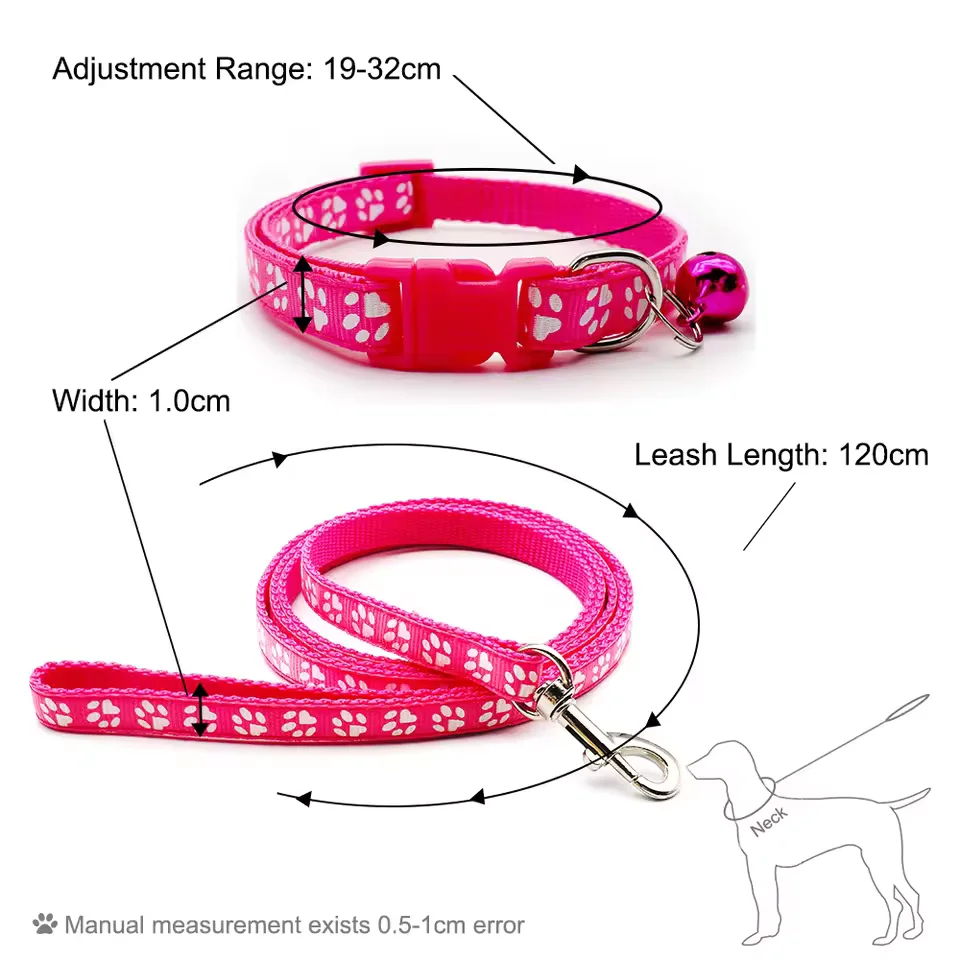 24PCS/Set Dog Collar Leash Set Adjustable Nylon Paw Print Pet Collars with Bell for Small Medium Dogs Puppy Cat Walking Lead