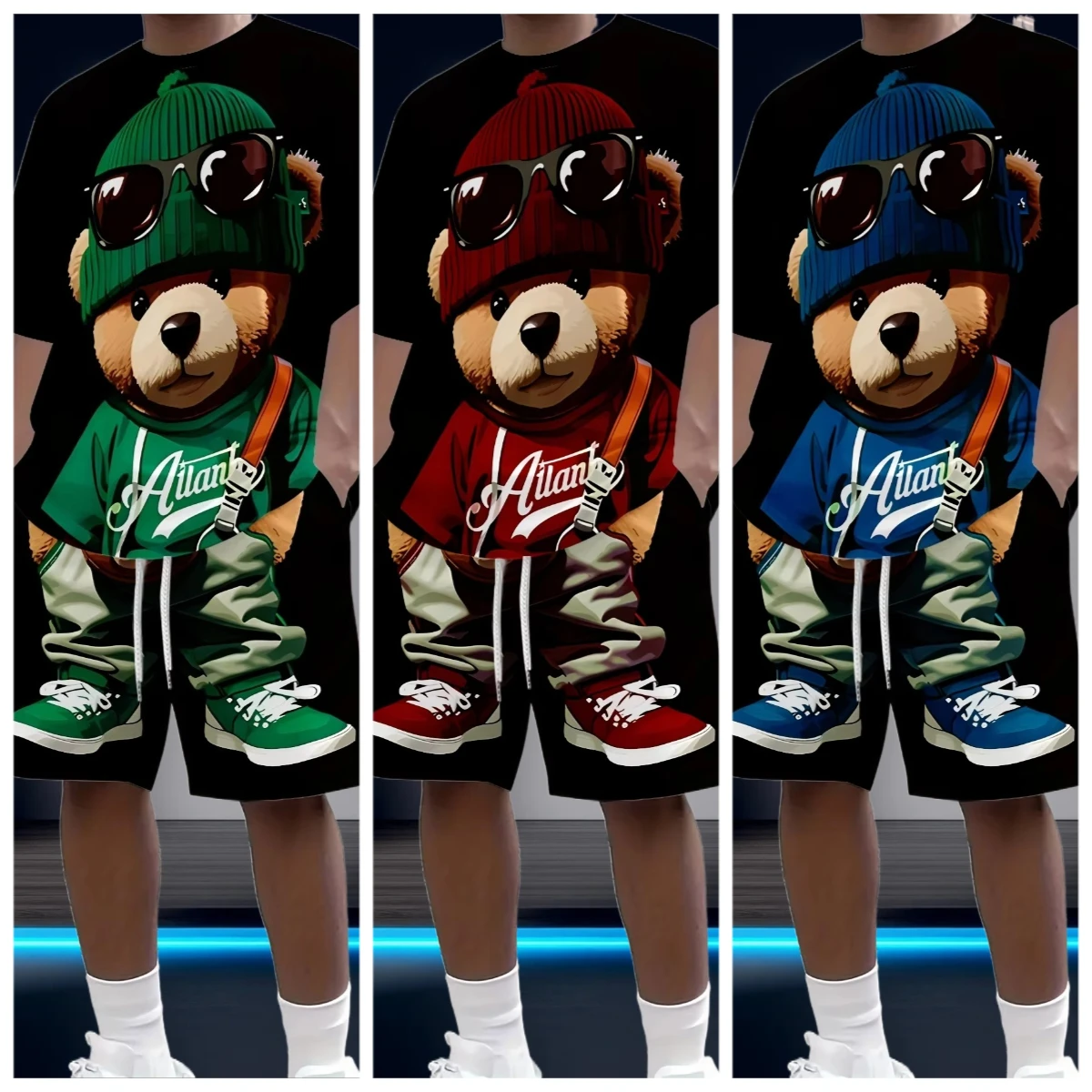 

The 2025/26 Summer New Men's Suit Features A Retro Teddy Bear Printed Round-neck T-shirt and Shorts Knitted Polyester Men's Wear