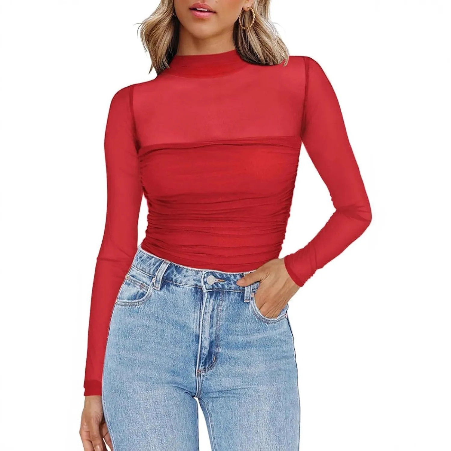 Women's Solid Color Sheer Mesh Round Neck Slim Fit Knit Blouse T-shirt Woman Top for Women in Black Red Brown Olive Green view 4