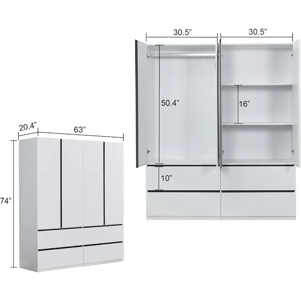 Wooden Armoire Wardrobe Closet, 4 Door White Bedroom Armoires Wardrobe Closet with 4 Drawers for High Storage Capacity