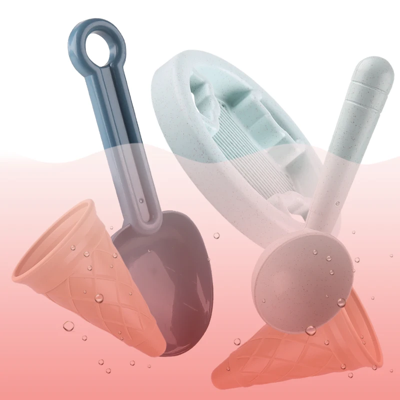 9 elementów zestawu zabawek plażowych: wiaderko, filtr, akcesoria do domowej lodów, możliwość robienia lodowych kulek, idealne na podróże plażowe.