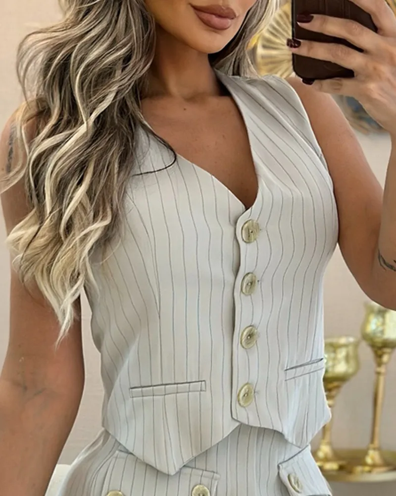 New Summer Women\'s Office Suit Causal V-Neck Striped Button Vest Top and Buttons Slit Flap Detail Skorts Set